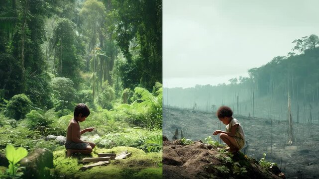 Split-Screen Visual of Children in Rainforest vs Deforested Land &ndash; Climate Impact