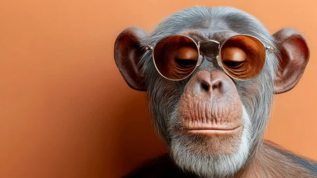Monkey wearing sunglasses and a smile. The monkey is looking at the camera. The image has a lighthearted and playful mood