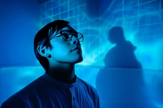 A young man with glasses stands in front of an immersive blue light projection. He is looking up at
