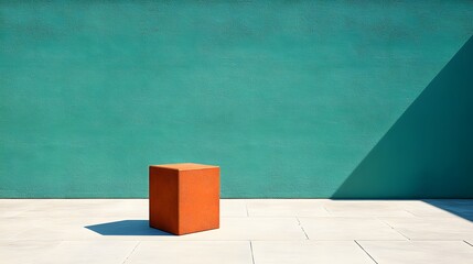 Orange Cube Minimalist Product Display Green Wall Background