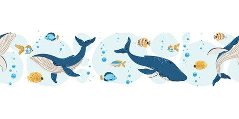 Seamless Horizontal Border with whales, tropical fish and Bubbles. Underwater Ocean Pattern for Scrapbooking, Website Headers and Print Design. Repeatable Vector Illustration