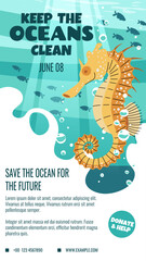World Oceans Day Story Template. Banner with Sea Horse Design for Social Media. Help Protect Our Oceans. Vertical Vector Illustration for Eco Campaigns