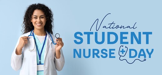 Female African-American medical intern with stethoscope on blue background. Banner for National...