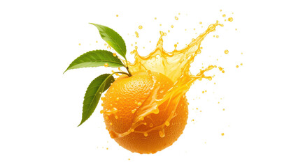 whole orange, with a vibrant juice splash , isolated on transpraent png