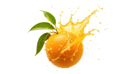 whole orange, with a vibrant juice splash , isolated on transpraent png