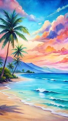 Tropical Beach Sunset Painting with Palm Trees and Ocean Waves Colorful Seascape Art for Coastal Wall Decor and Relaxation