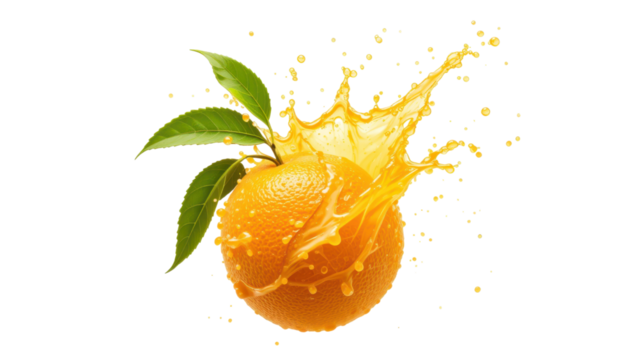 whole orange, with a vibrant juice splash , isolated on transpraent png