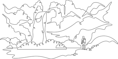 Obraz premium Continuous one line drawing a tourist stands at the foot of a waterfall. A traveler with a backpack. A man stands on a stone. A mountain waterfall.One continuous line isolated minimal illustration. 