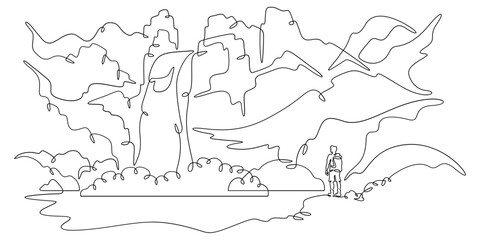 Continuous one line drawing a tourist stands at the foot of a waterfall. A traveler with a backpack. A man stands on a stone. A mountain waterfall.One continuous line isolated minimal illustration. 