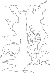 Continuous one line drawing a tourist stands at the foot of a waterfall. A traveler with a backpack. A man stands on a stone. A mountain waterfall.One continuous line isolated vertical illustration
