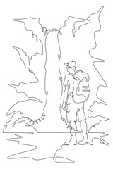 Continuous one line drawing a tourist stands at the foot of a waterfall. A traveler with a backpack. A man stands on a stone. A mountain waterfall.One continuous line isolated vertical illustration