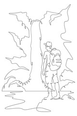 Continuous one line drawing a tourist stands at the foot of a waterfall. A traveler with a backpack. A man stands on a stone. A mountain waterfall.One continuous line isolated vertical illustration