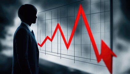 Financial Decline: Silhouette of person with chart of downward trending market.
