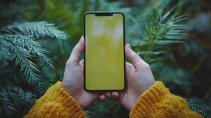 Phone with blank screen held over green foliage