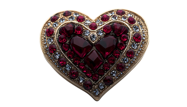 Red Crystal Heart Brooch with Gold Accents