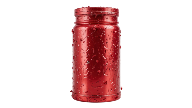 red container with water condensation, isolated on tranpsarent png