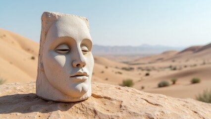 Stone Face Sculpture in Desert Sand, Surreal Art, Desert Landscape, Ancient Desert Art