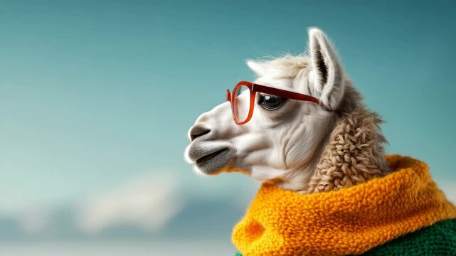 White llama wearing glasses and a yellow scarf. The llama has a goofy, playful expression on its face