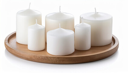 White candles on a wooden tray