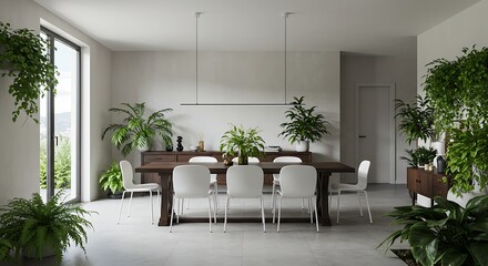 Modern Minimalist Dining Room Design with Lush Greenery