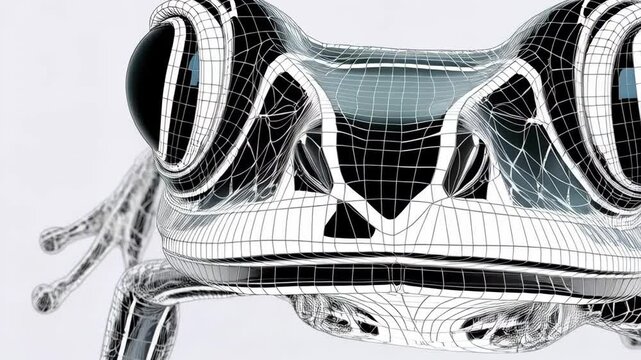 Close up of a surreal frog with mesh-like texture and oversized glossy black eyes, standing out against a clean white backdrop.