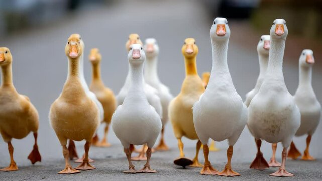 Group of ducks are walking down a road. The ducks are of different sizes and colors, with some being yellow and others being white. The scene is lively and playful