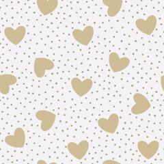Seamless pattern with beige hearts and small dots on white background. Simple vector repeating texture for Valentine day and wedding celebration