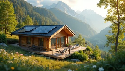 Fototapeta premium Eco-friendly spring chalet surrounded rich mountains. Solar panels on roof provide green energy. Wooden house with large windows, terrace overlooks mountain view. Calmness relaxation in summer
