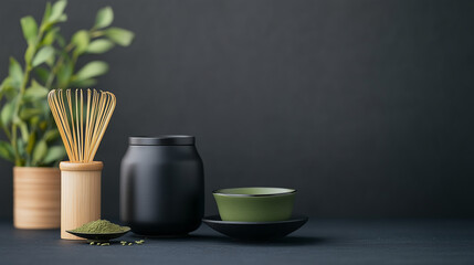 Serene matcha tea setup with accessories and greenery