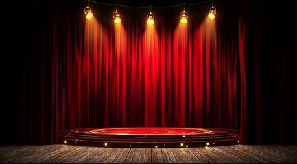 Red stage with a red curtain and golden lights on a wooden floor vector background for a theater,