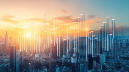 A panoramic city skyline at sunrise, overlaid with abstract data visualizations.