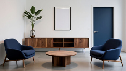 Fototapeta premium Cozy and Professional Lounge Navy Armchairs, Wooden Console, Modern Design