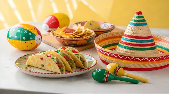 Vibrant mexican fiesta: colorful sombreros and tacos with festive maracas.