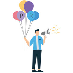 Businessman hold speech bubble balloon and speak on megaphone symbolizing PR and communication