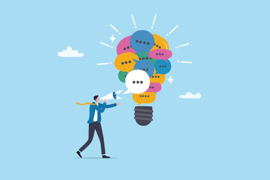 Communication, marketing message to communicate with consumer, advertising strategy, media or announcement information dialogue, businessman talking on megaphone with speech bubble lightbulb idea.