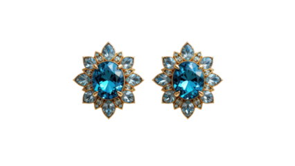 3D rendering of a pair of gold-toned earrings featuring flower-shaped settings with multiple blue gemstones and smaller, isolated on tranpsarent png