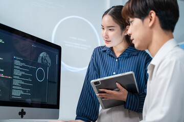 software developer talk strategy plan to executive write prompt AI bot IT app program data...
