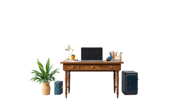Digitally rendered image of a well-organized home office desk with a wooden surface, laptop, books, and a plant. isolated on tranpsarent png