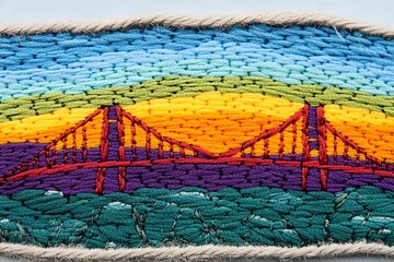 Embroidered Golden Gate Bridge Sunset Landscape Artwork