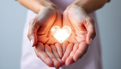 Fototapeta premium Glowing heart shape gently held in two open hands, symbolizing warmth, care, and love with soft lighting enhancing tender and hopeful emotion in image