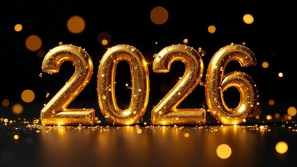 2026 text in gold letters with sequins and bokeh on a dark background, New Year's screensaver
