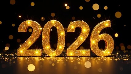 2026 text in gold letters with sequins and bokeh on a dark background, New Year's screensaver
