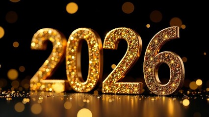 2026 text in gold letters with sequins and bokeh on a dark background, New Year's screensaver