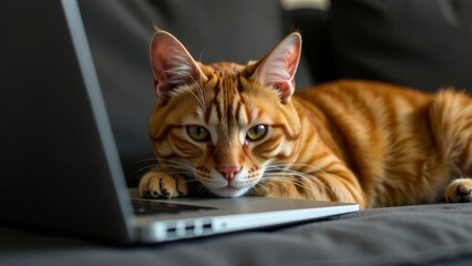 A red-haired cat is lying next to a laptop