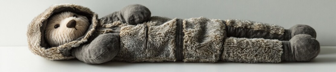 Plush toy sleeps on white background.  Home decor