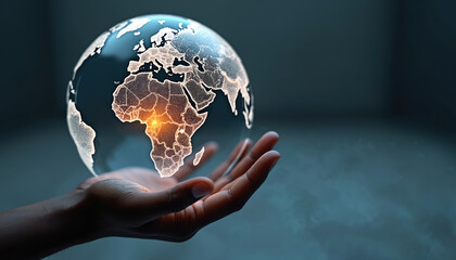 Hand holding glowing globe focused on Africa, business opportunity growth, global connectivity. Shows potential, innovation, future growth of african market, economy. Digital art visualizes concept