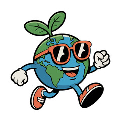 Vintage cartoon Earth wearing sunglasses and running.
