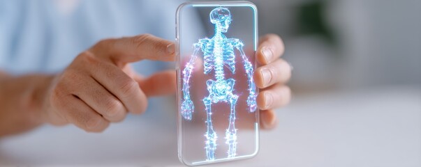 Physiotherapy rehabilitation balance concept. A hand holding a smartphone displaying a digital skeleton image.