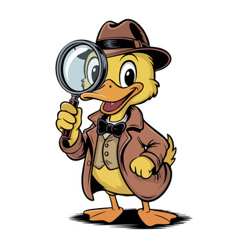 Vintage cartoon of a duck detective holding a magnifying glass.