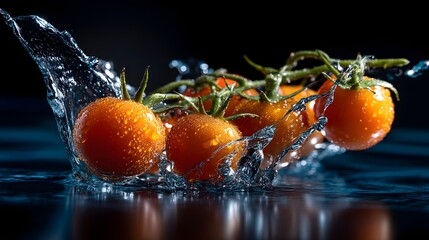 Fresh juicy tomatoes splashed into crystal clear water creating a dynamic and vibrant scene